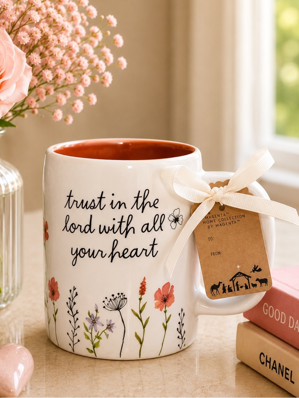 Floral Faith Ceramic Mug - White with Orange Interior